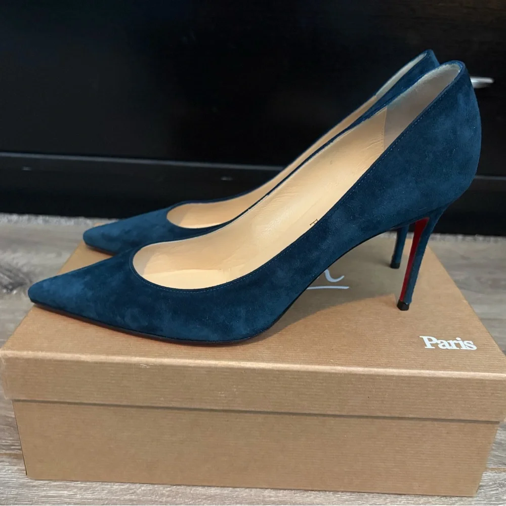 Christian Louboutin Teal Suede Pointed-Toe Pumps - Picture 3 of 6